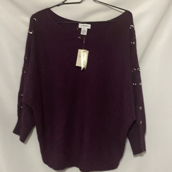 NWT CARMAN MARC VALVO WO SIZE XL EGGPLANT COLOR SWEATER GOLD CRISS CROSS ACCENTS - Picture 7 of 12